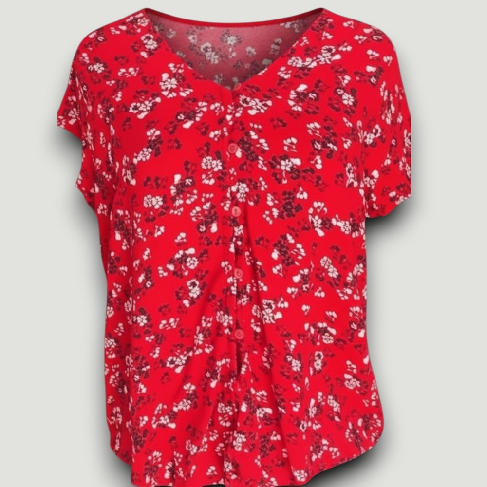 Liz Claiborne Womens Blouse Red L Floral Button Up Cottagecore Officewear